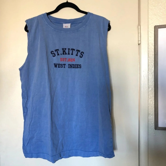 Vintage St Kitts West Indies sleeveless tunic top Blue retro oversized top 1980s - Picture 7 of 9